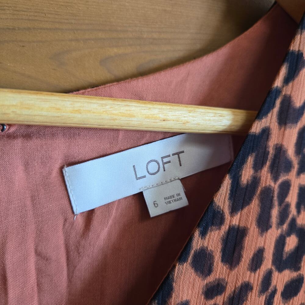 Loft Dress Leopard Midi Tiered V-Neck Boho Animal Long Sleeve 6 Puff Auburn - Picture 5 of 6